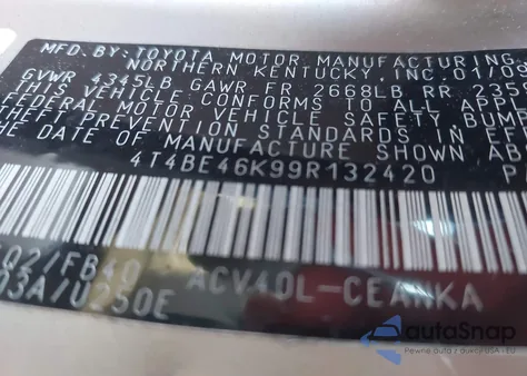 2009 Toyota Camry Le from USA, damaged, VIN 4T4BE46K99R132420